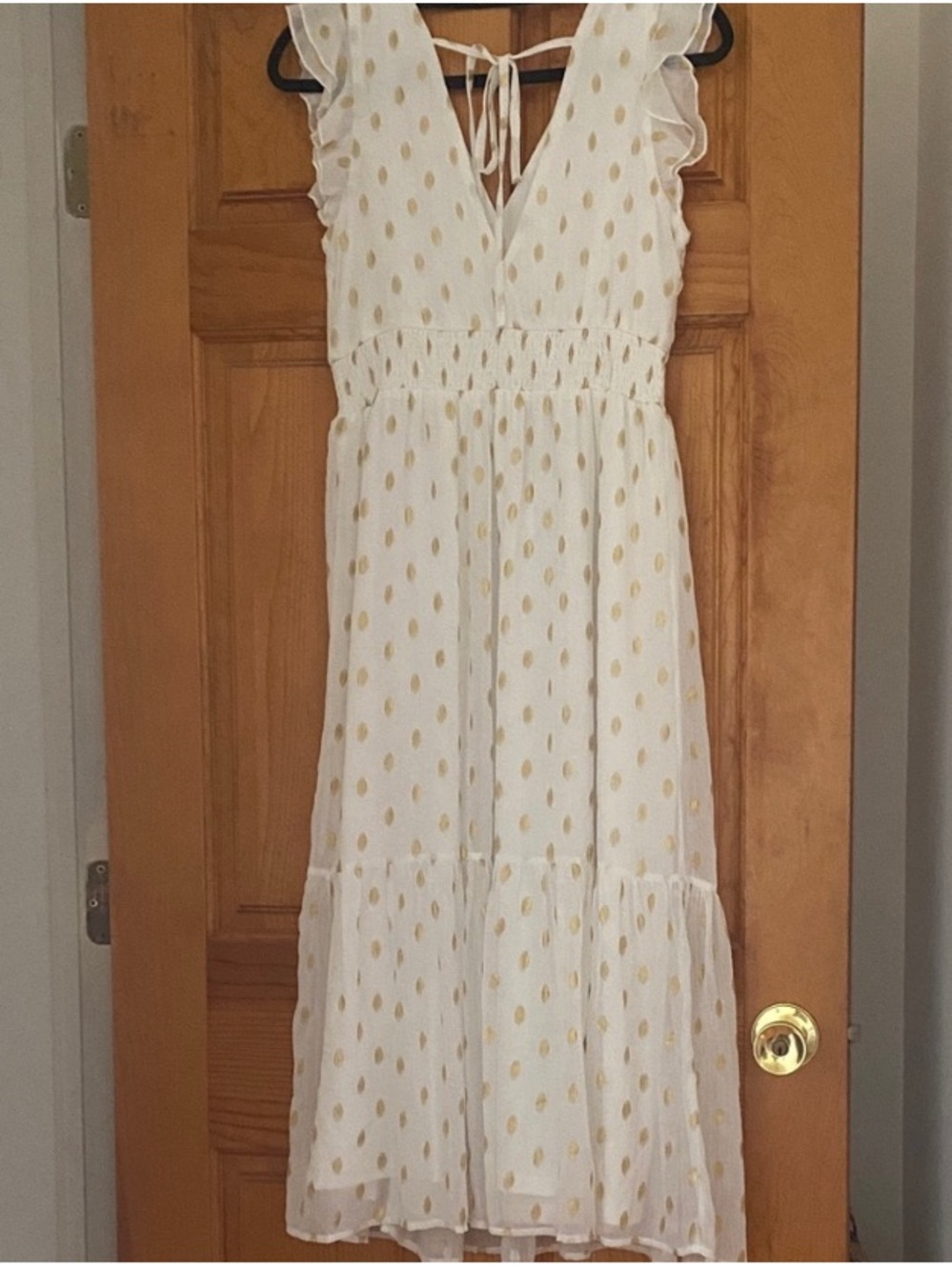 Lulus White Gold Polka Dot Midi Dress Ruffle Sleeve Tie Back Spring Summer M - Picture 4 of 11